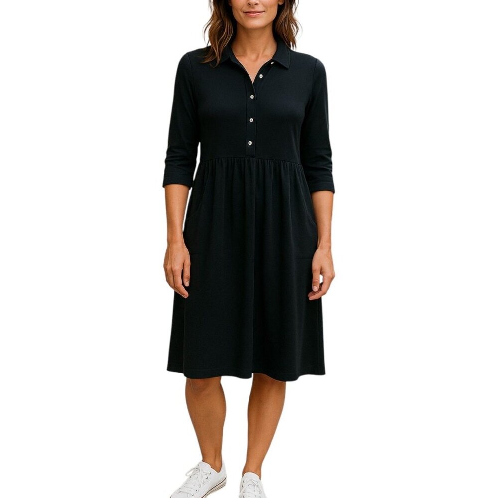 J. Jill Black Knit Shirt Collared Elastic‎ Waist Front Button Dress Size XS